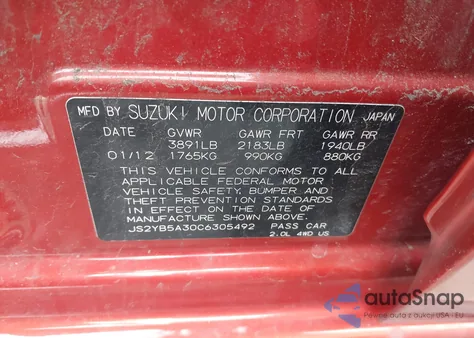 2012 Suzuki Sx4 Premium/Tech Valu Pkg (Nav) from USA, damaged, VIN JS2YB5A30C6305492